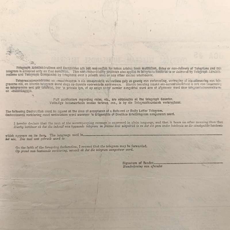 Telegram dated 1947 with 9 South African stamps - a stock report sent from South Africa to USA
