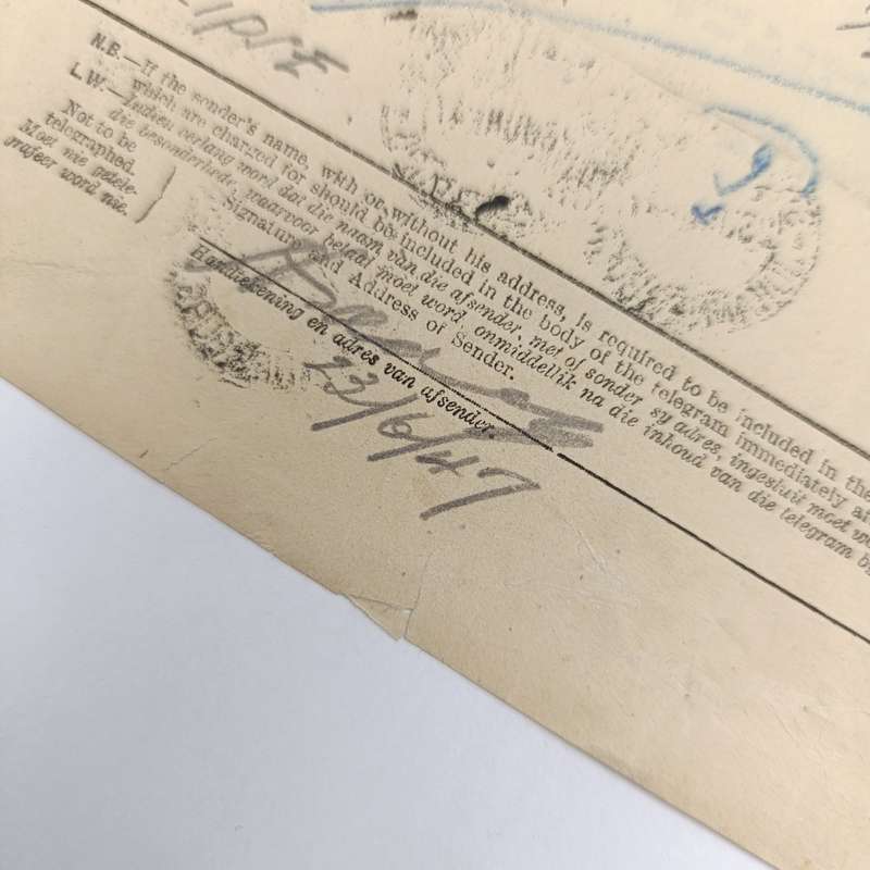 Telegram dated 1947 with 9 South African stamps - a stock report sent from South Africa to USA