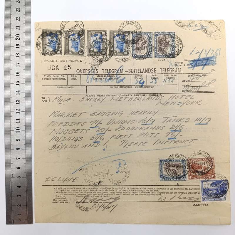 Telegram dated 1947 with 9 South African stamps - a stock report sent from South Africa to USA