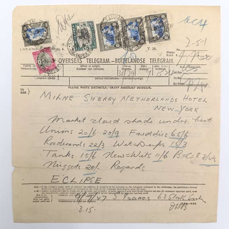 Telegram dated 1947 with 6 South African stamps - a stock report sent from South Africa to the USA