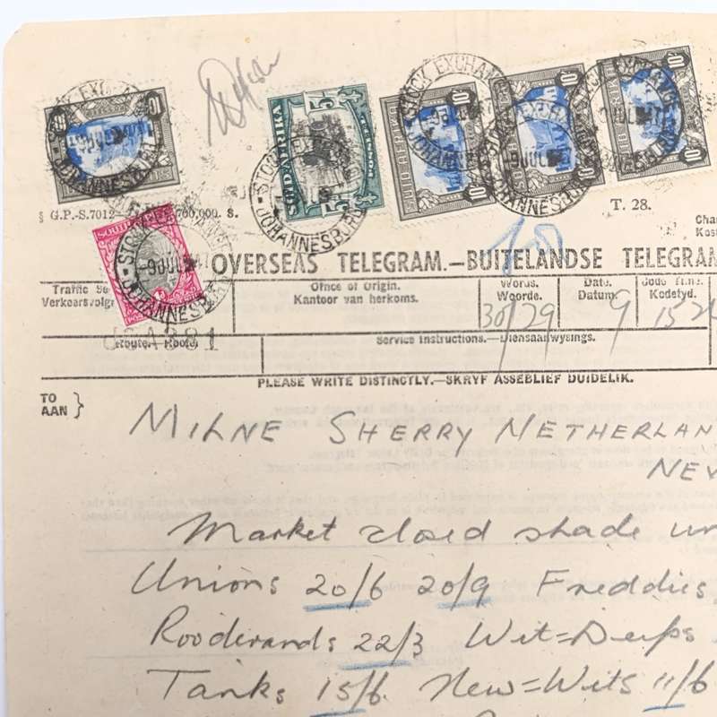 Telegram dated 1947 with 6 South African stamps - a stock report sent from South Africa to the USA