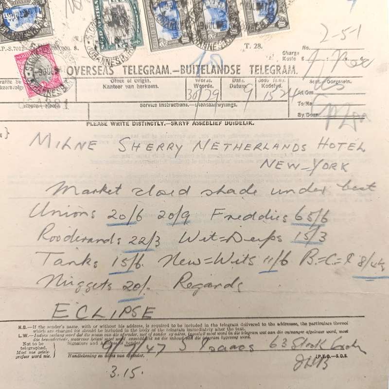 Telegram dated 1947 with 6 South African stamps - a stock report sent from South Africa to the USA
