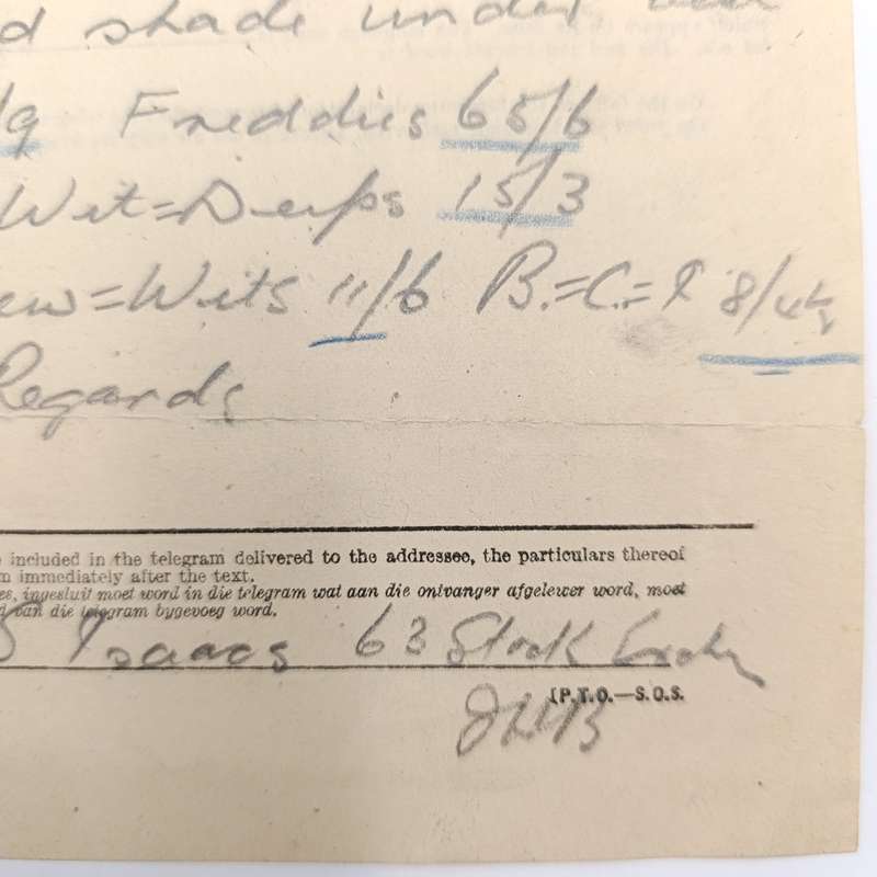 Telegram dated 1947 with 6 South African stamps - a stock report sent from South Africa to the USA
