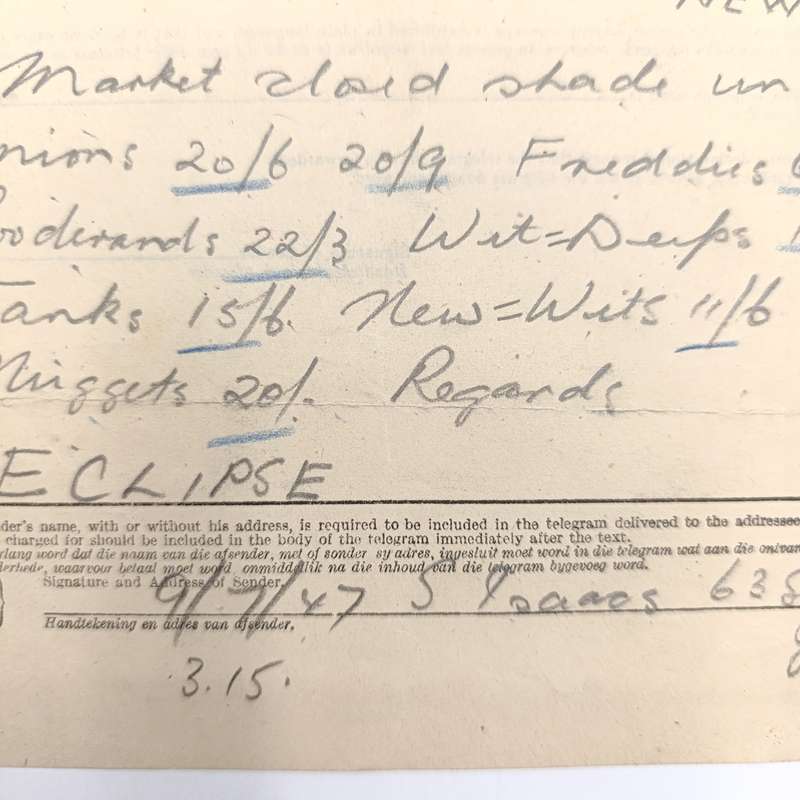 Telegram dated 1947 with 6 South African stamps - a stock report sent from South Africa to the USA