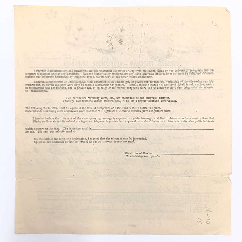 Telegram dated 1947 with 6 South African stamps - a stock report sent from South Africa to the USA