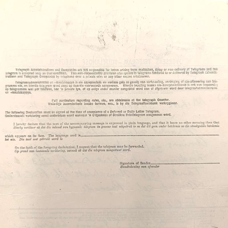 Telegram dated 1947 with 6 South African stamps - a stock report sent from South Africa to the USA