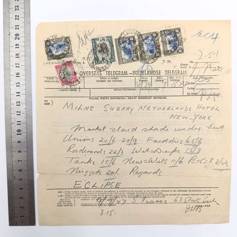 Telegram dated 1947 with 6 South African stamps - a stock report sent from South Africa to the USA