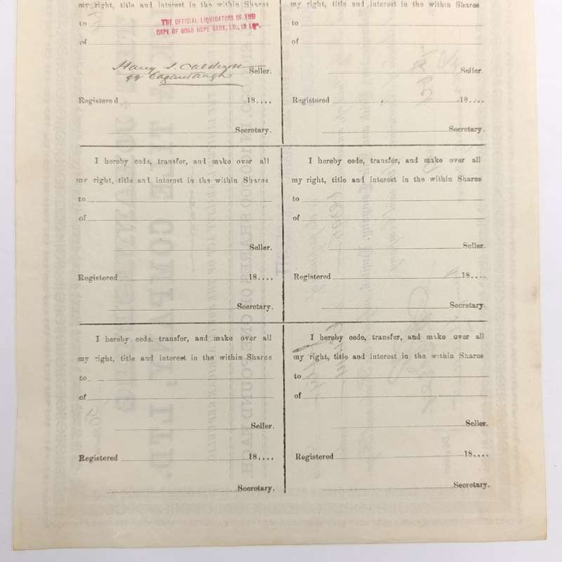 Share certificate dated 7th of October 1889 for The Johannesburg Brick and Tile Company