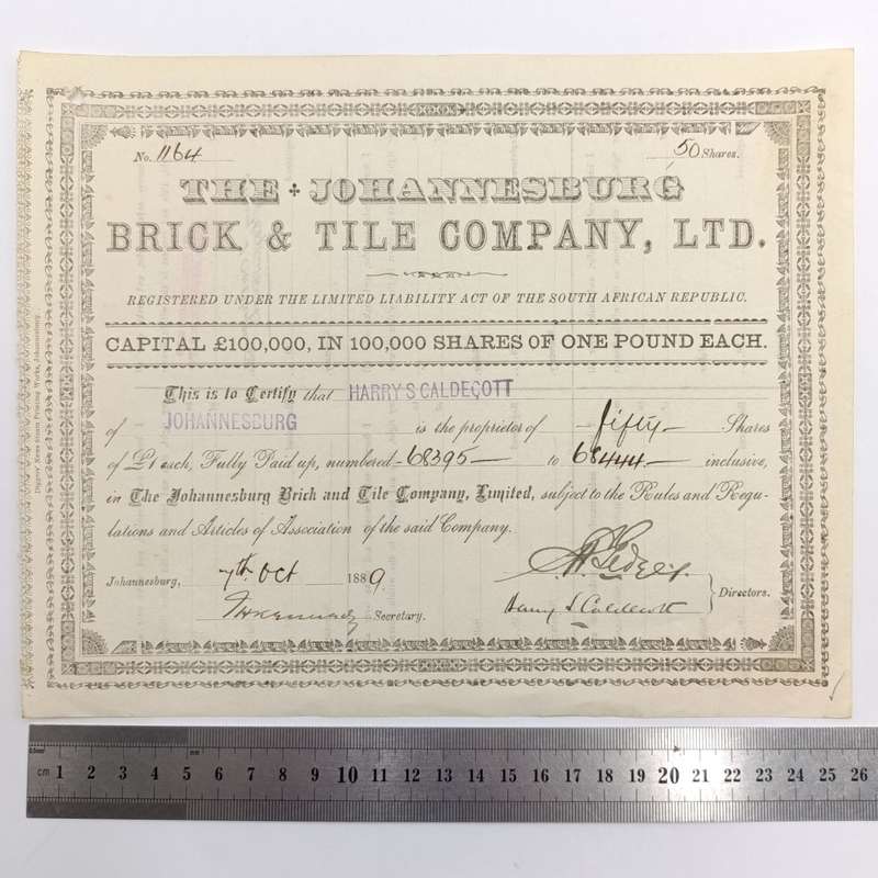 Share certificate dated 7th of October 1889 for The Johannesburg Brick and Tile Company