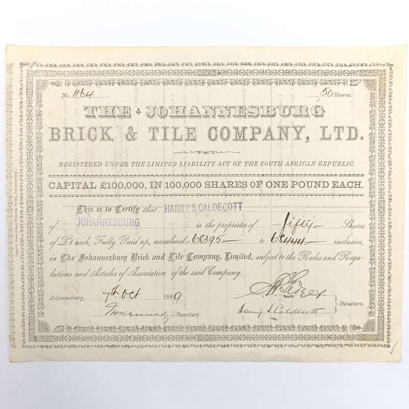 Share certificate dated 7th of October 1889 for The Johannesburg Brick and Tile Company
