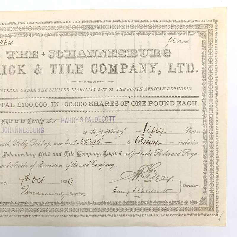 Share certificate dated 7th of October 1889 for The Johannesburg Brick and Tile Company