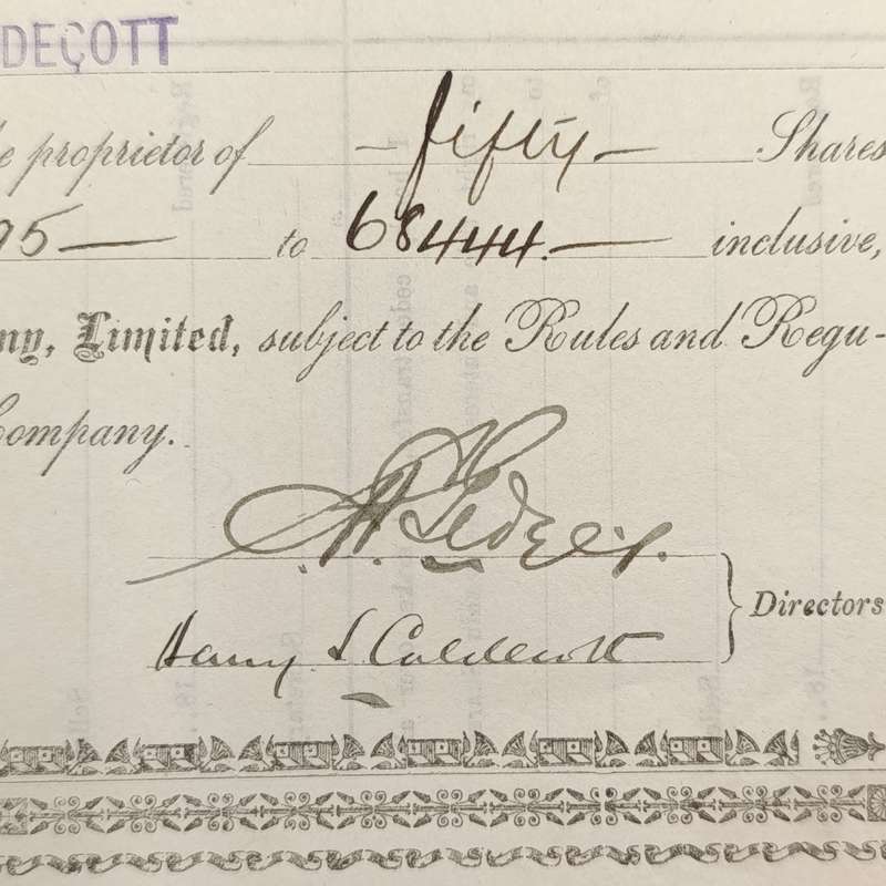 Share certificate dated 7th of October 1889 for The Johannesburg Brick and Tile Company