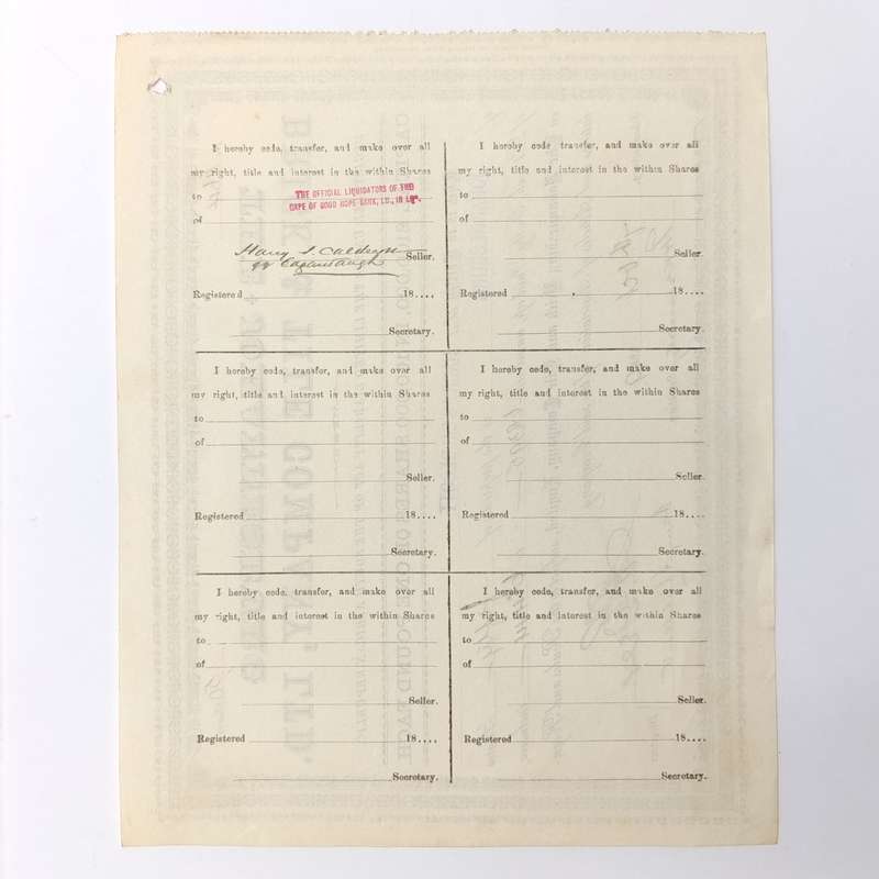 Share certificate dated 7th of October 1889 for The Johannesburg Brick and Tile Company
