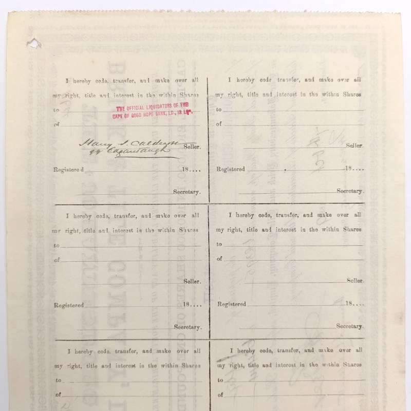 Share certificate dated 7th of October 1889 for The Johannesburg Brick and Tile Company