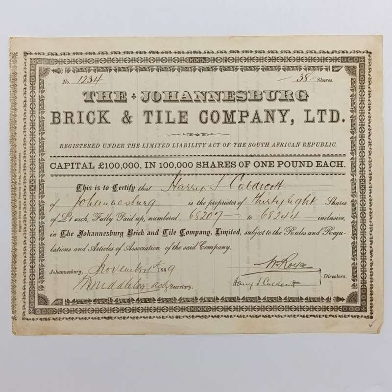 Share certificate dated 1st of November 1889 for The Johannesburg Brick and Tile Company