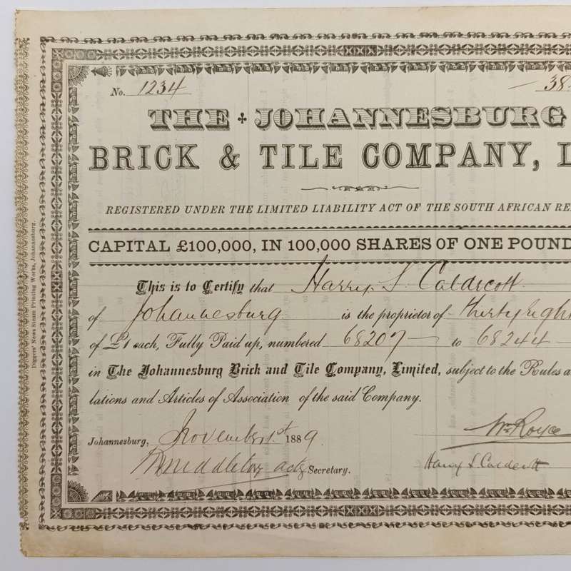 Share certificate dated 1st of November 1889 for The Johannesburg Brick and Tile Company
