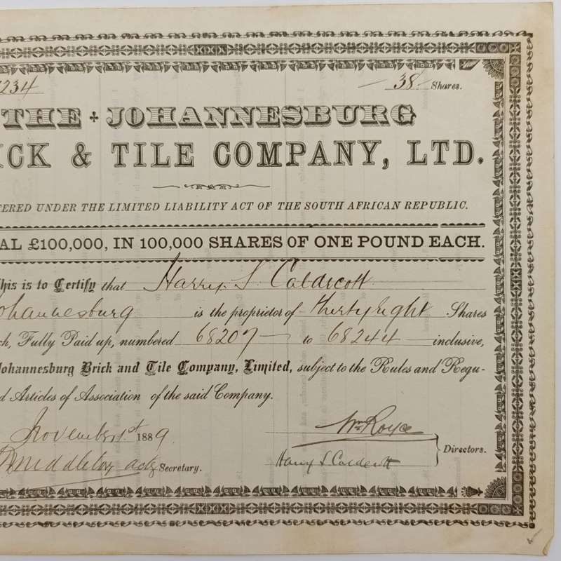 Share certificate dated 1st of November 1889 for The Johannesburg Brick and Tile Company