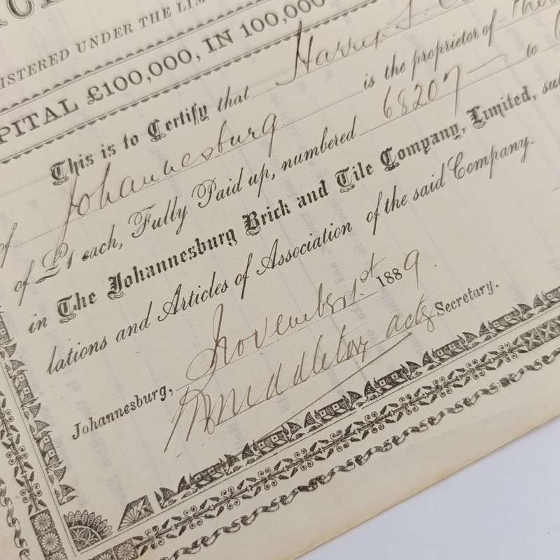 Share certificate dated 1st of November 1889 for The Johannesburg Brick and Tile Company