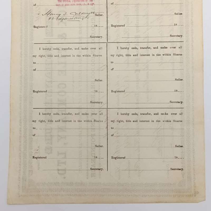 Share certificate dated 1st of November 1889 for The Johannesburg Brick and Tile Company