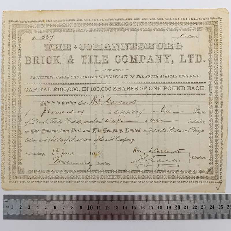 Share certificate dated 6th of June 1889 for The Johannesburg Brick and Tile Company