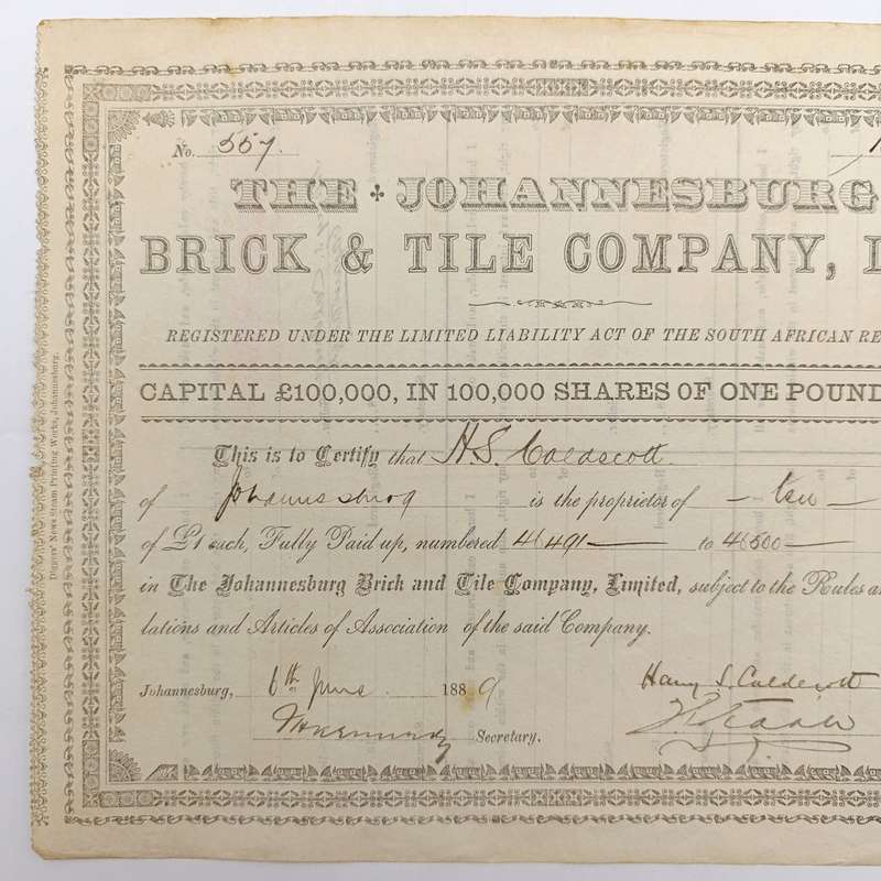 Share certificate dated 6th of June 1889 for The Johannesburg Brick and Tile Company