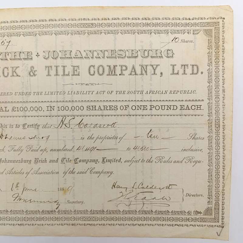 Share certificate dated 6th of June 1889 for The Johannesburg Brick and Tile Company