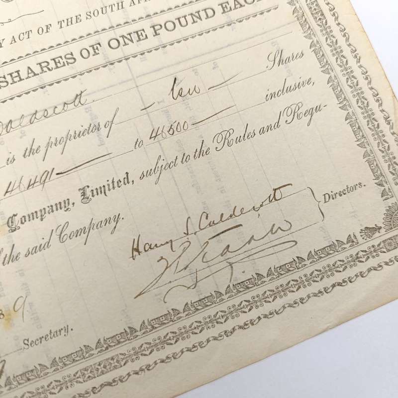 Share certificate dated 6th of June 1889 for The Johannesburg Brick and Tile Company