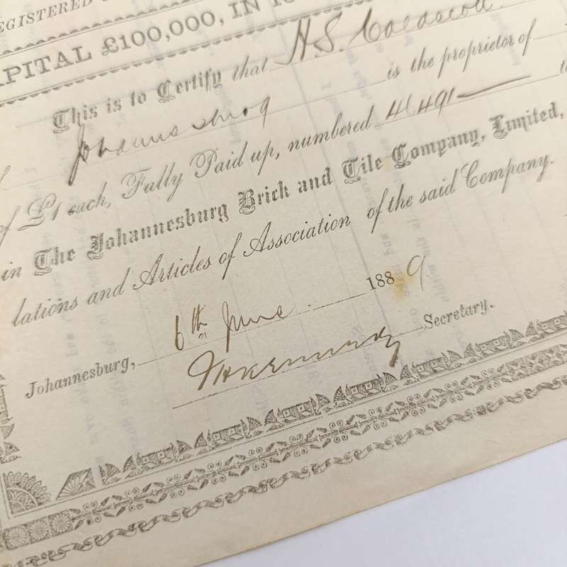 Share certificate dated 6th of June 1889 for The Johannesburg Brick and Tile Company