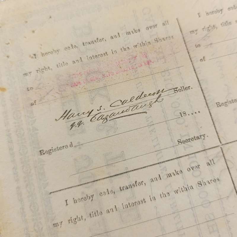 Share certificate dated 6th of June 1889 for The Johannesburg Brick and Tile Company