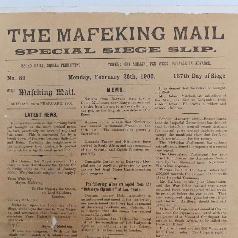 The Mafeking Mail special siege slip dated Friday 22 December 1899 Original