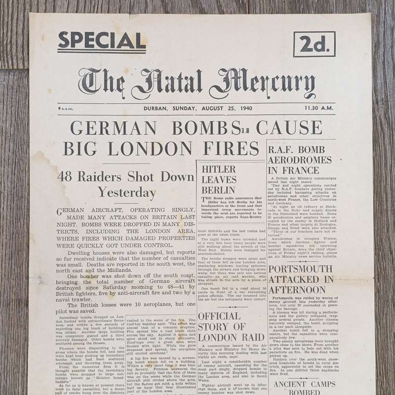Special Edition of the Natal Mercury dated August 25 1940 The London blitz