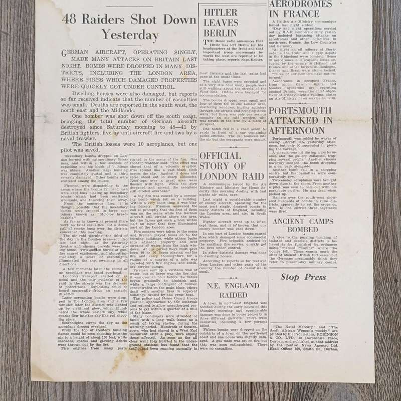 Special Edition of the Natal Mercury dated August 25 1940 The London blitz