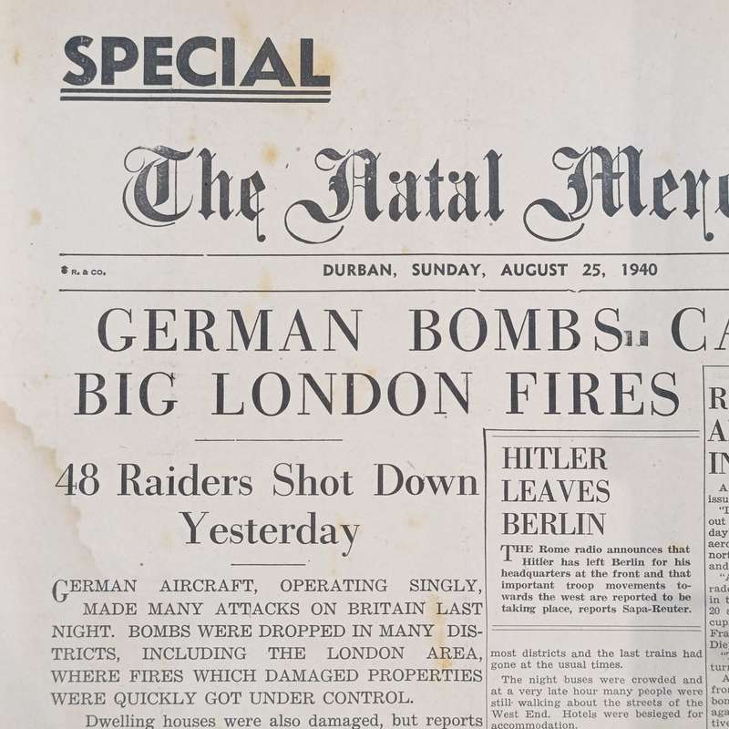 Special Edition of the Natal Mercury dated August 25 1940 The London blitz