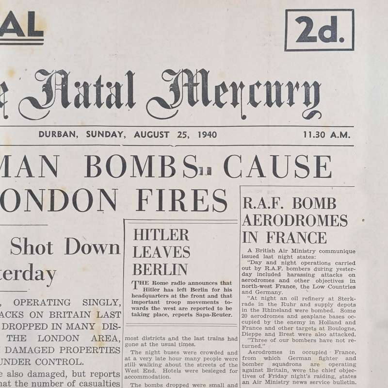 Special Edition of the Natal Mercury dated August 25 1940 The London blitz