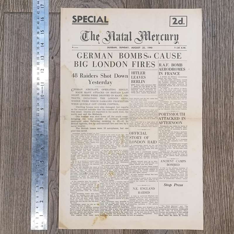 Special Edition of the Natal Mercury dated August 25 1940 The London blitz