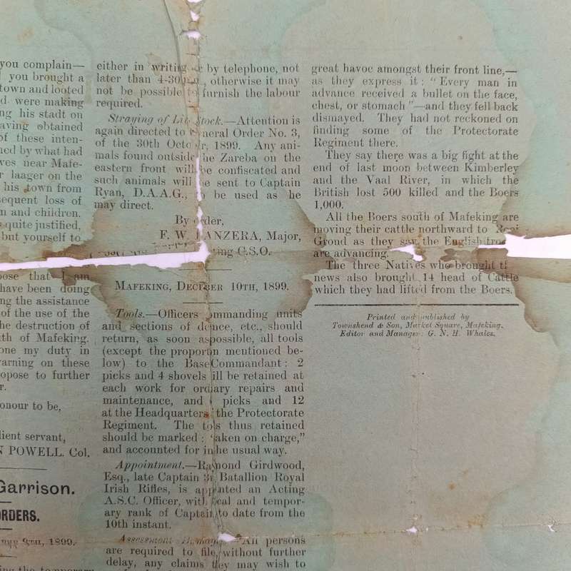 Original copy of The Mafeking Mail special siege edition dated Monday December 11th 1899