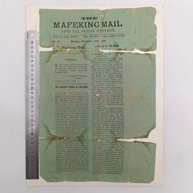 Original copy of The Mafeking Mail special siege edition dated Monday December 11th 1899