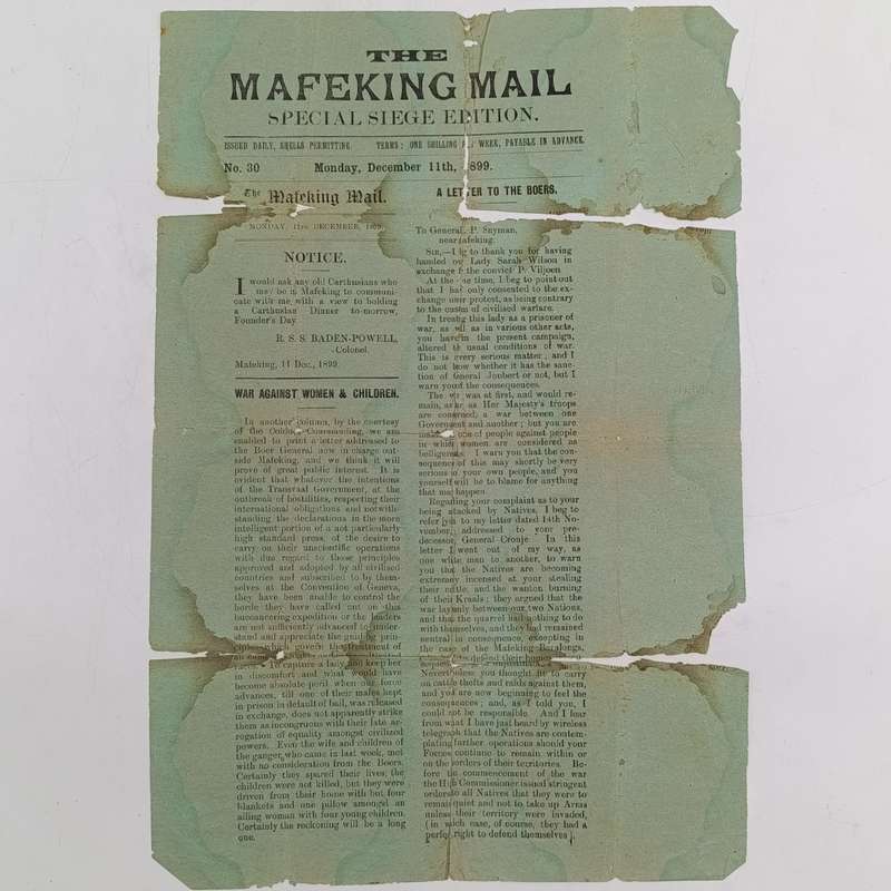 Original copy of The Mafeking Mail special siege edition dated Monday December 11th 1899