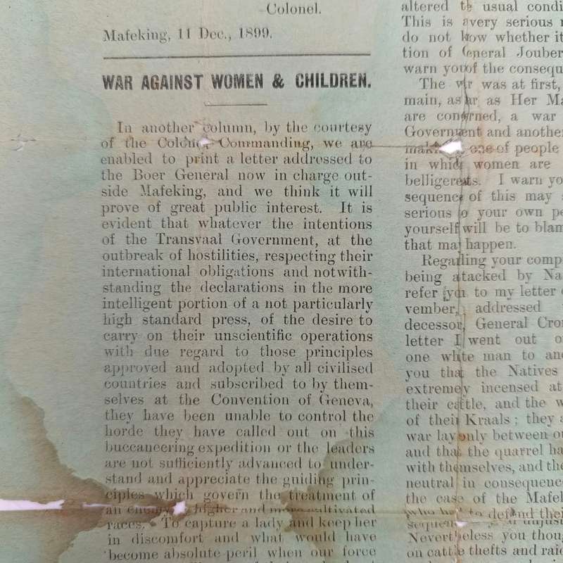 Original copy of The Mafeking Mail special siege edition dated Monday December 11th 1899