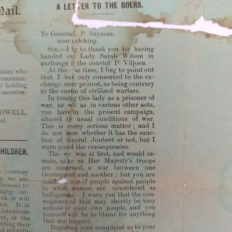 Original copy of The Mafeking Mail special siege edition dated Monday December 11th 1899