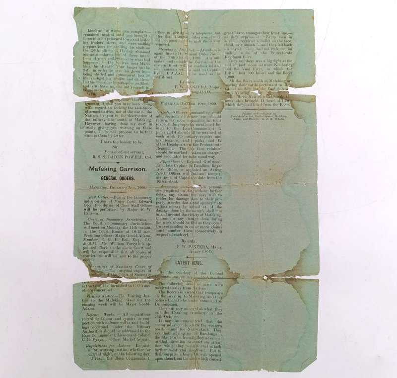 Original copy of The Mafeking Mail special siege edition dated Monday December 11th 1899
