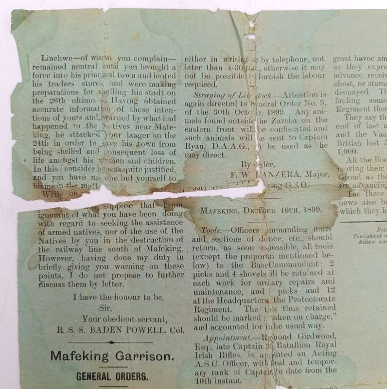 Original copy of The Mafeking Mail special siege edition dated Monday December 11th 1899