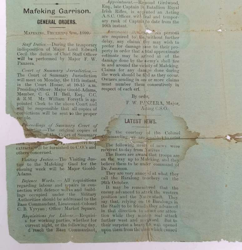 Original copy of The Mafeking Mail special siege edition dated Monday December 11th 1899