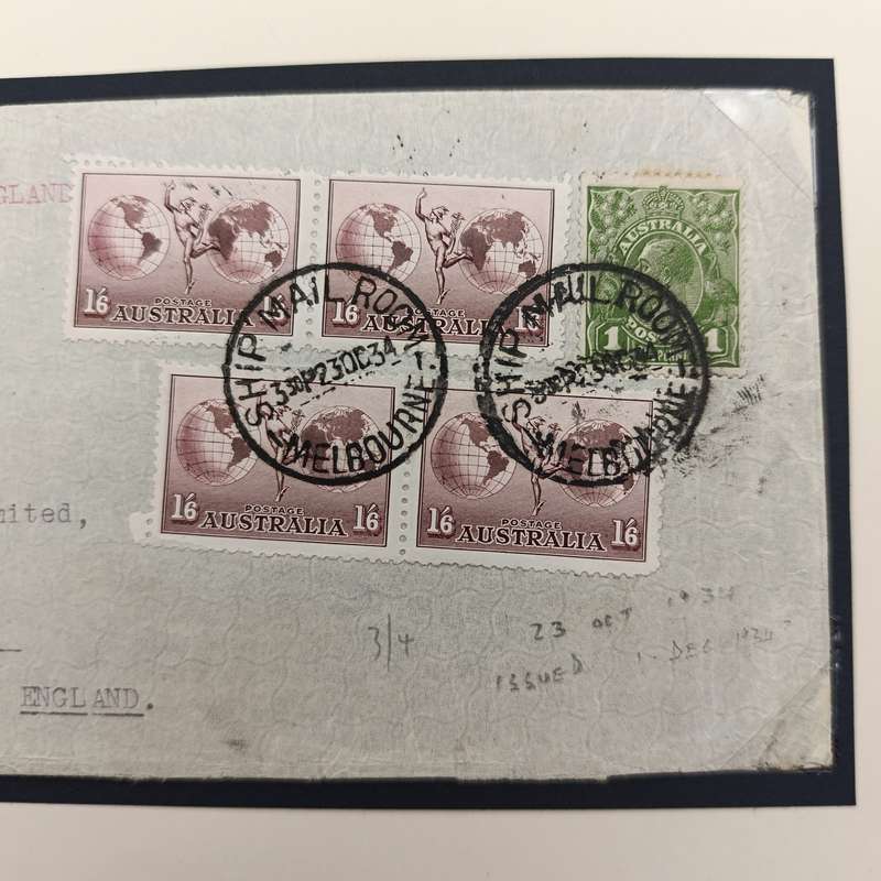 Original letter posted 23 October 1934 in Melbourne Australia in the ships mail room by Air mail