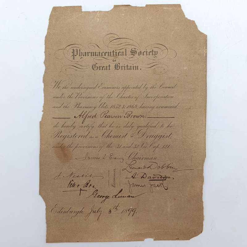 Pharmacist certificate issued by The Pharmaceutical society of Great Britain for Alfred Pearson Brow