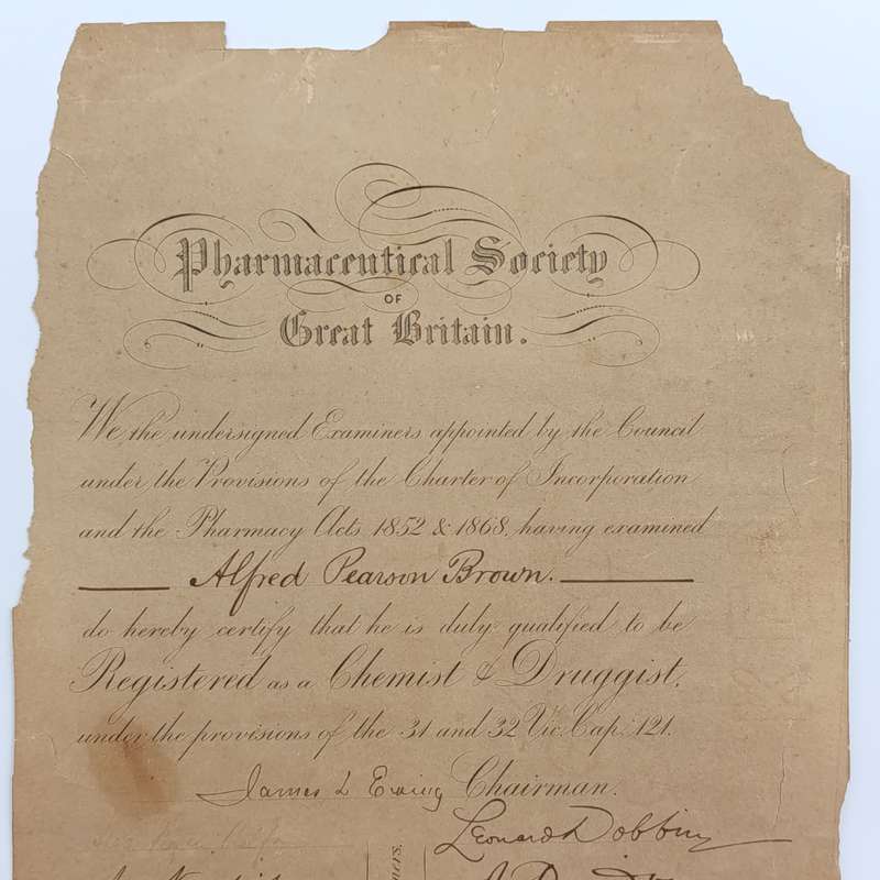 Pharmacist certificate issued by The Pharmaceutical society of Great Britain for Alfred Pearson Brow