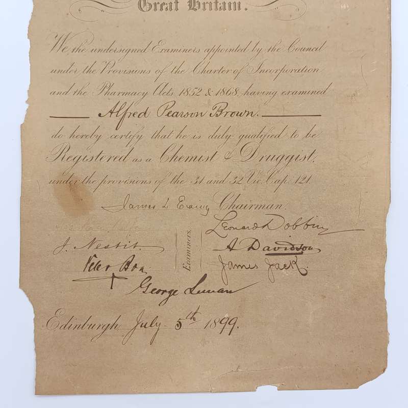 Pharmacist certificate issued by The Pharmaceutical society of Great Britain for Alfred Pearson Brow