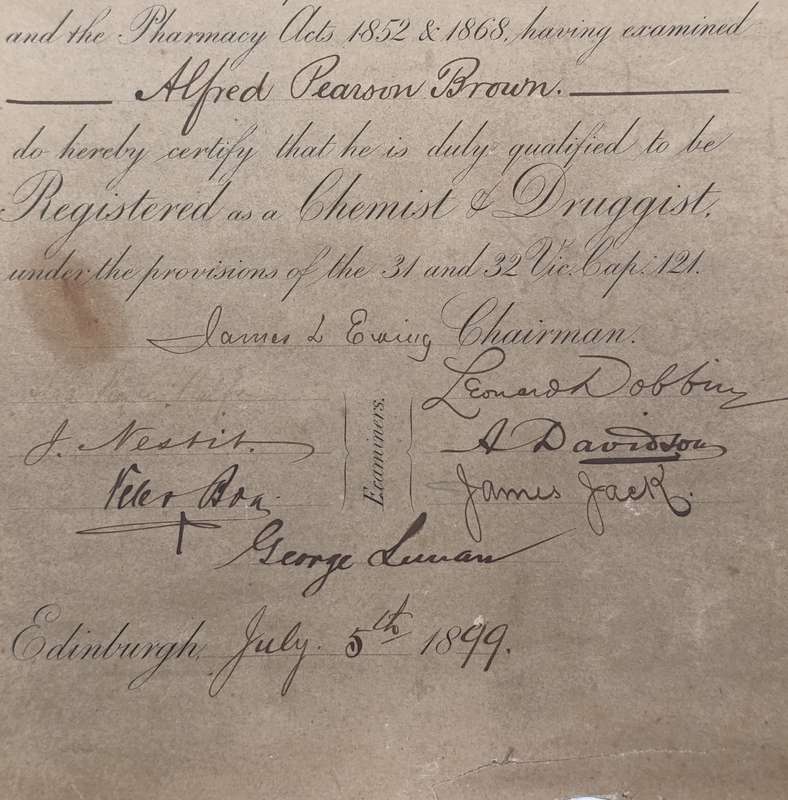 Pharmacist certificate issued by The Pharmaceutical society of Great Britain for Alfred Pearson Brow