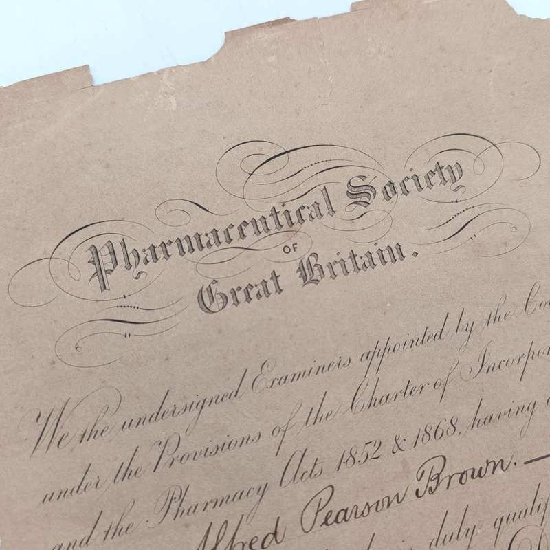 Pharmacist certificate issued by The Pharmaceutical society of Great Britain for Alfred Pearson Brow