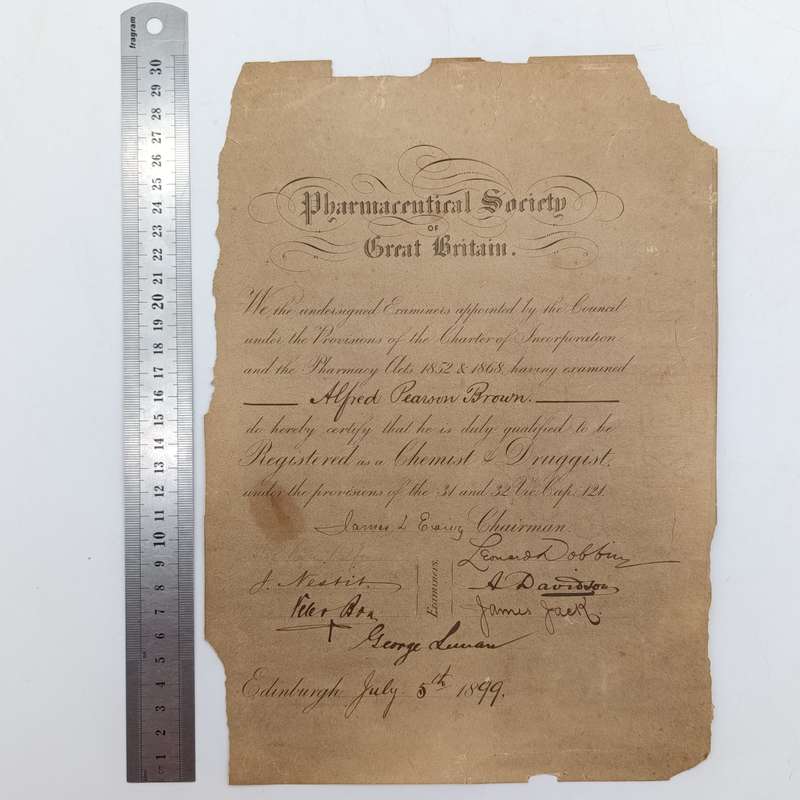 Pharmacist certificate issued by The Pharmaceutical society of Great Britain for Alfred Pearson Brow